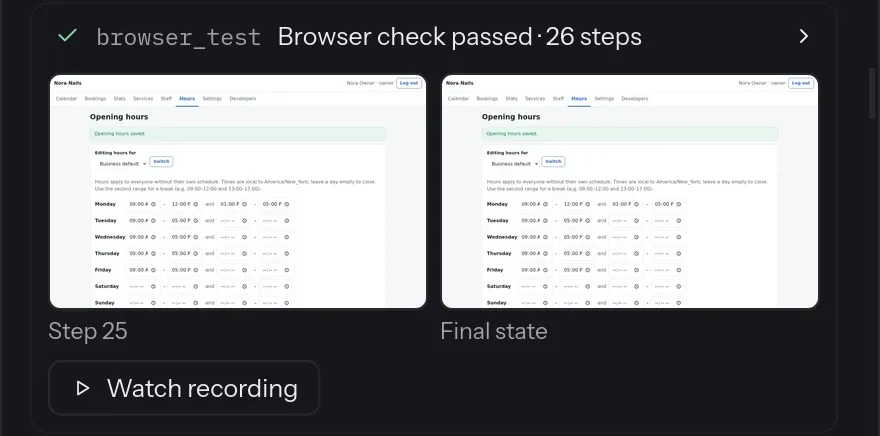 Nexus attaching screenshots and a recording from a passing 26-step browser check