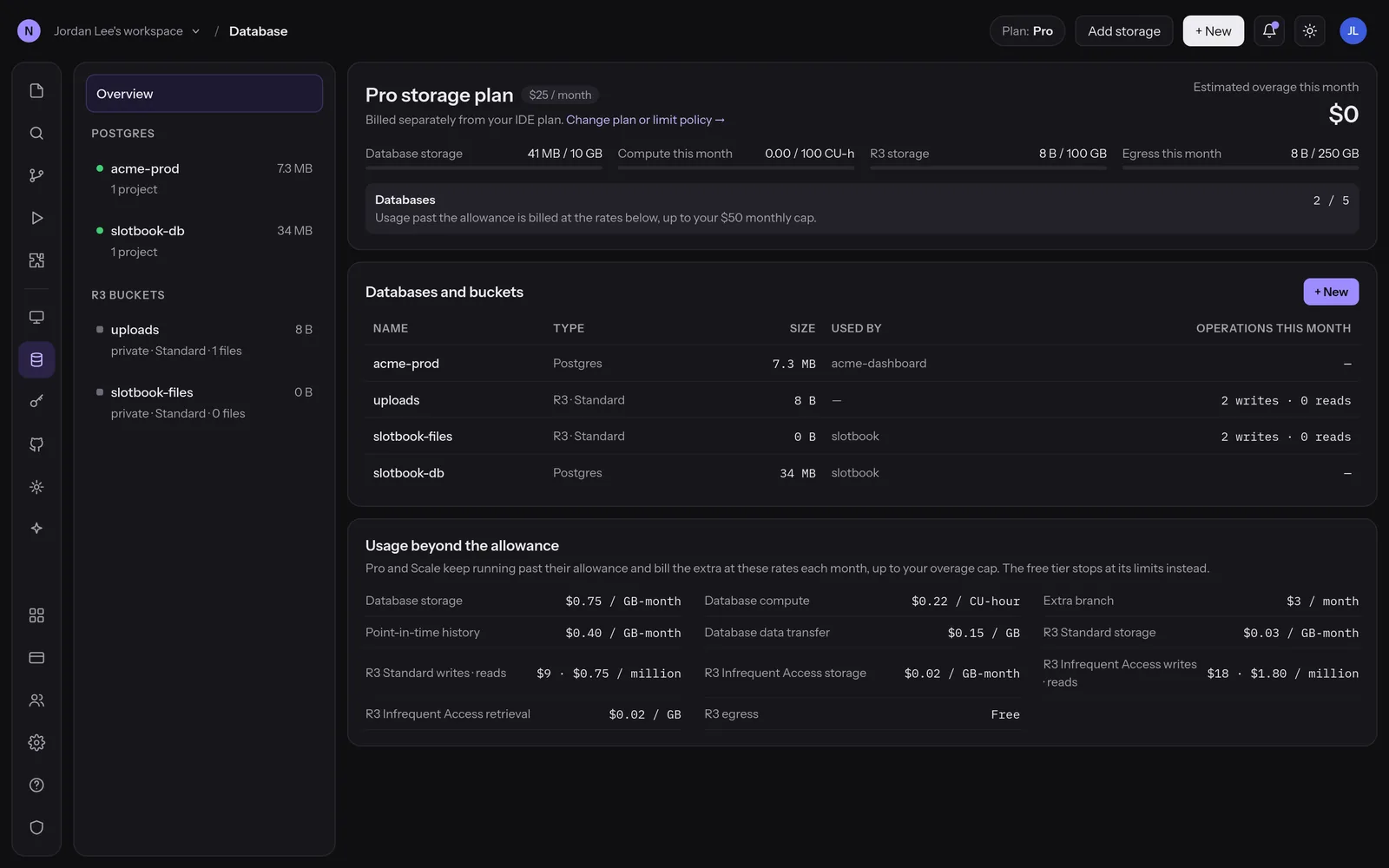 The Database page showing Postgres databases and file buckets with storage usage and plan limits