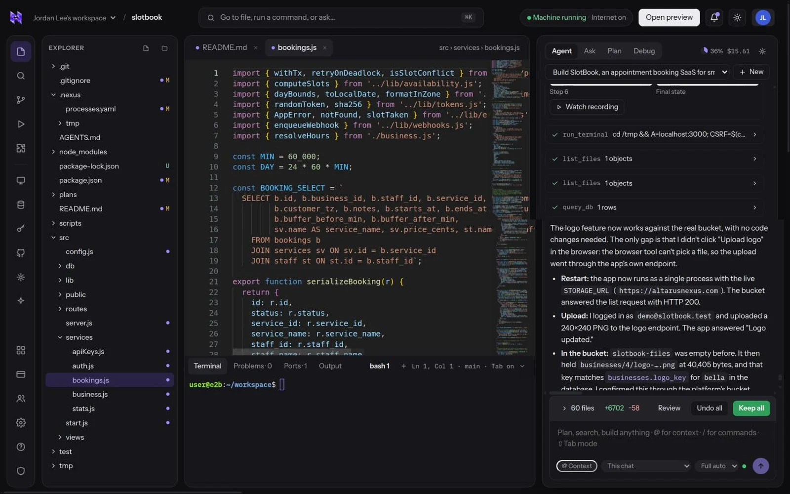 The browser IDE with a file explorer, code editor, terminal and the Nexus agent side by side