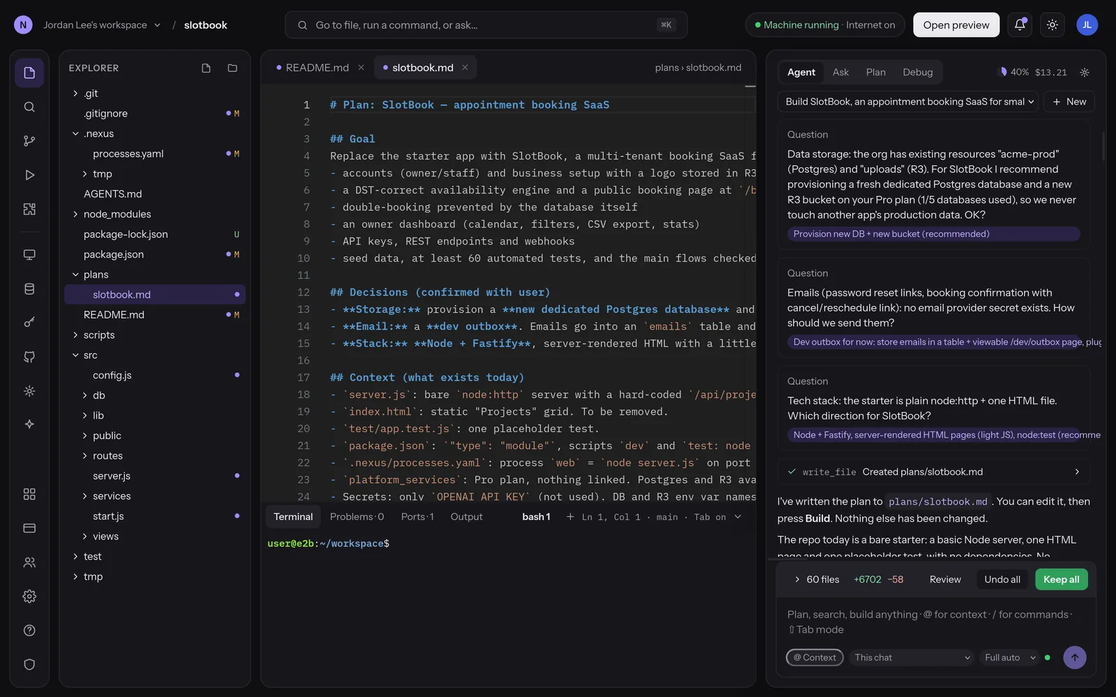 Nexus in Plan mode asking clarifying questions and writing a plan file