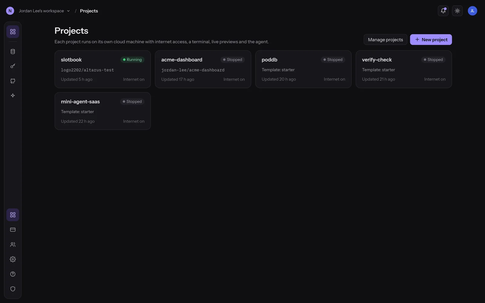 The projects page listing each project with its cloud machine status, repository and internet setting