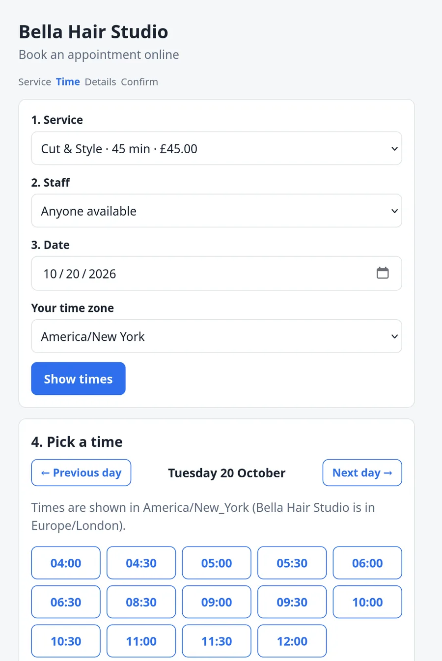 SlotBook booking page built by Nexus with time-zone aware slots