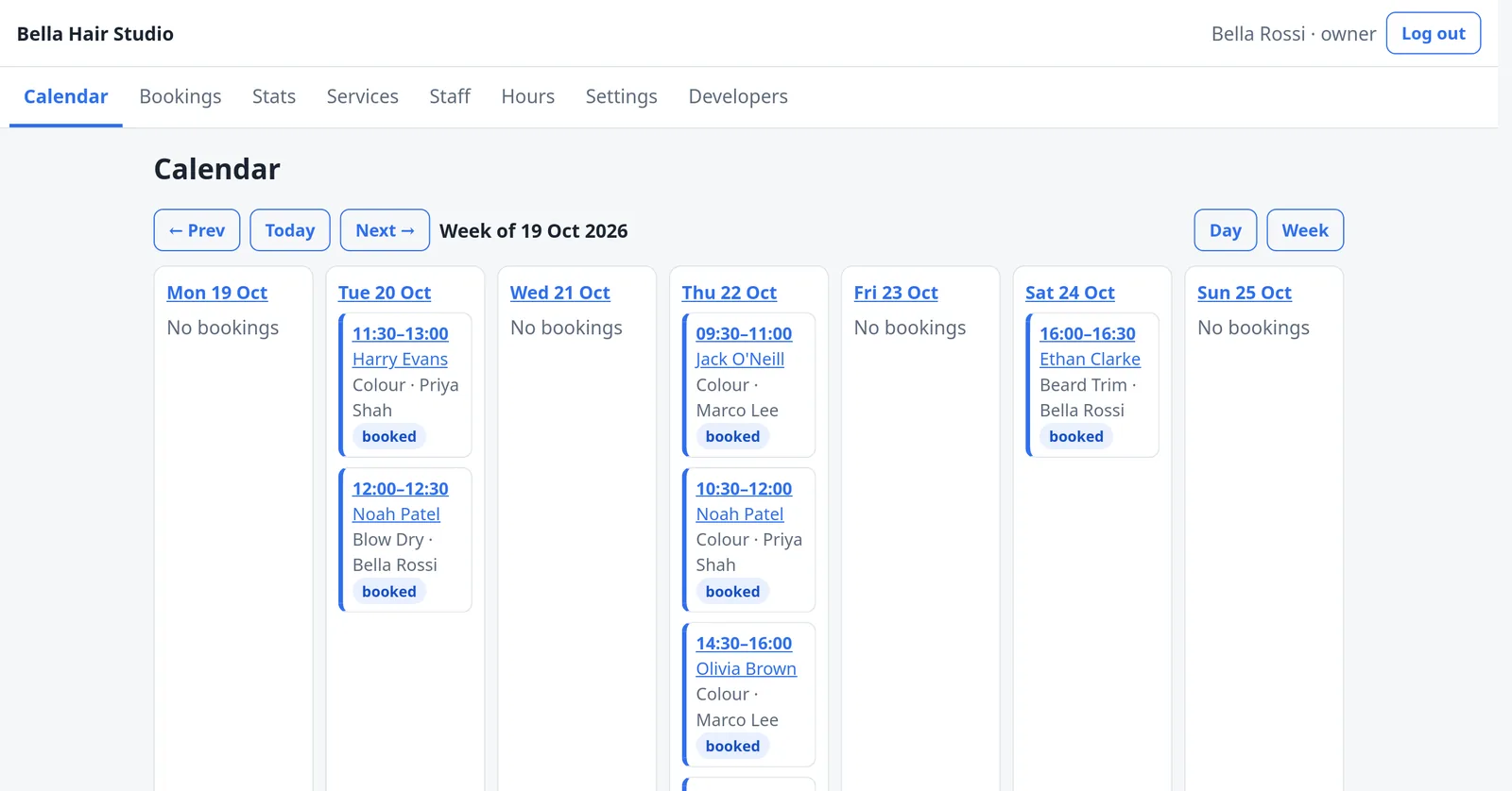 The staff calendar of SlotBook, an appointment-booking app built by Nexus from one plan